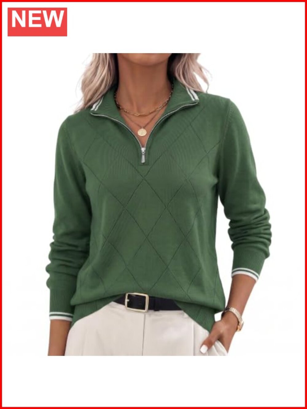 Ribbed Knit Half Zip Pullover Sweater Foldover Collar V-Neck